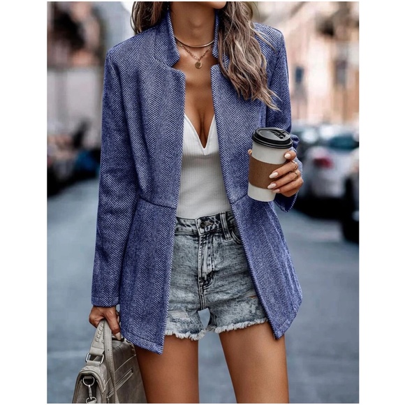 Classic Herringbone Blazer Jacket Coat - Picture 3 of 7